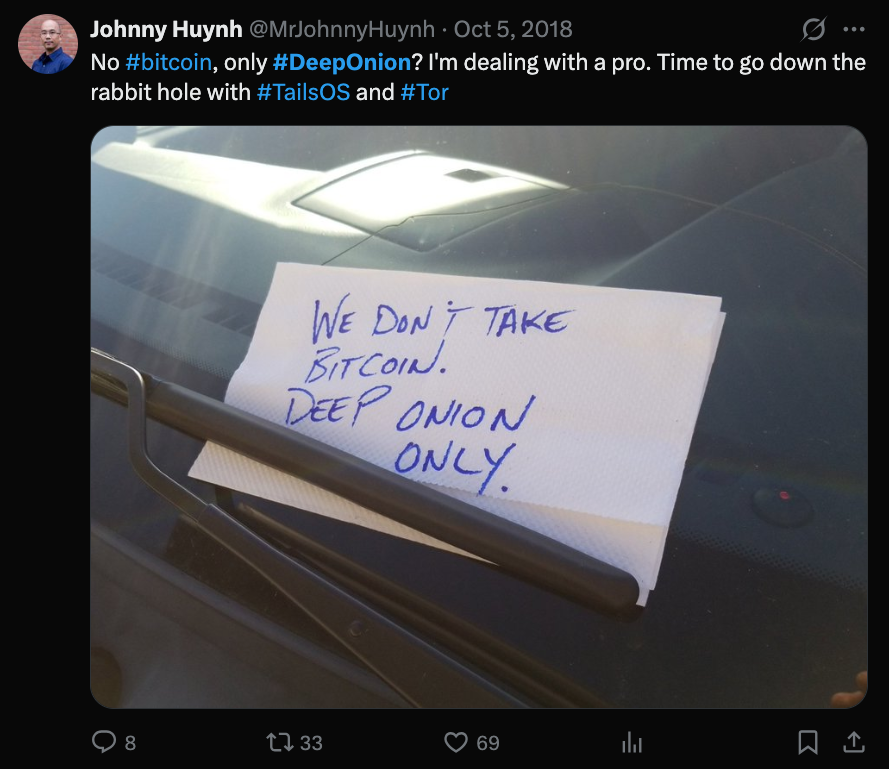 Windshield note reading "We don't take Bitcoin. DeepOnion only."