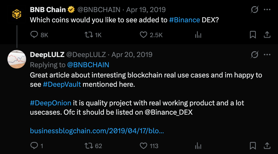 Reply calling DeepOnion a quality project with a real working product