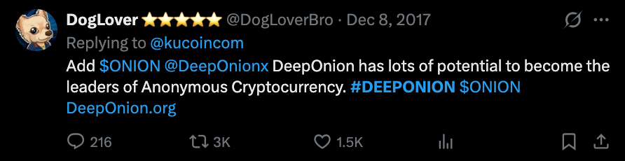 Tweet: DeepOnion has potential to lead anonymous cryptocurrency