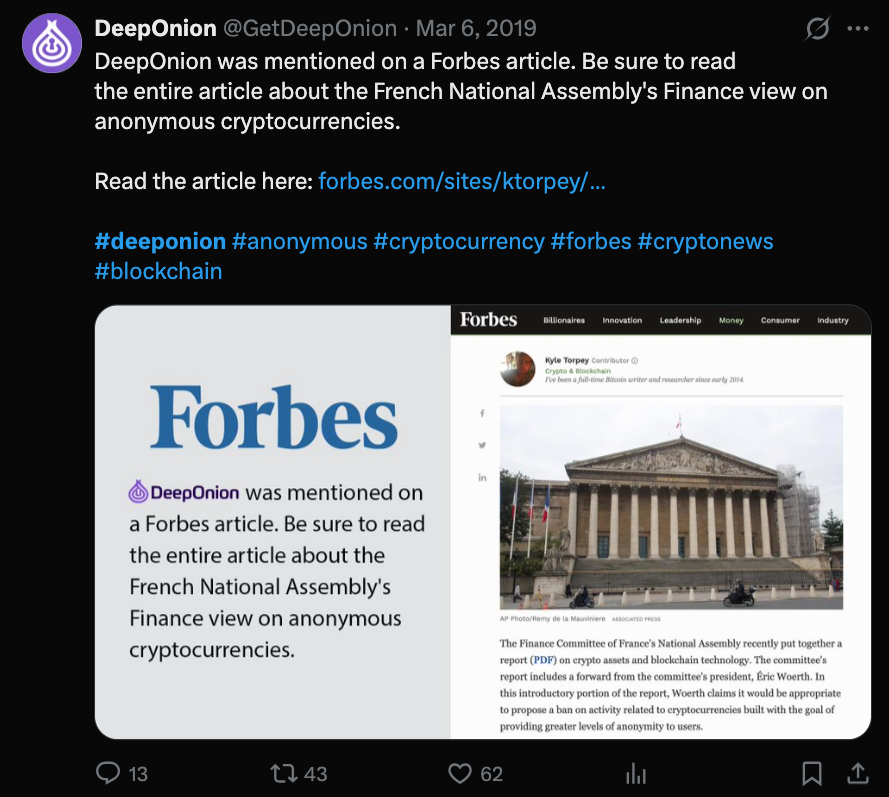 DeepOnion mentioned in a Forbes article on anonymous cryptocurrencies
